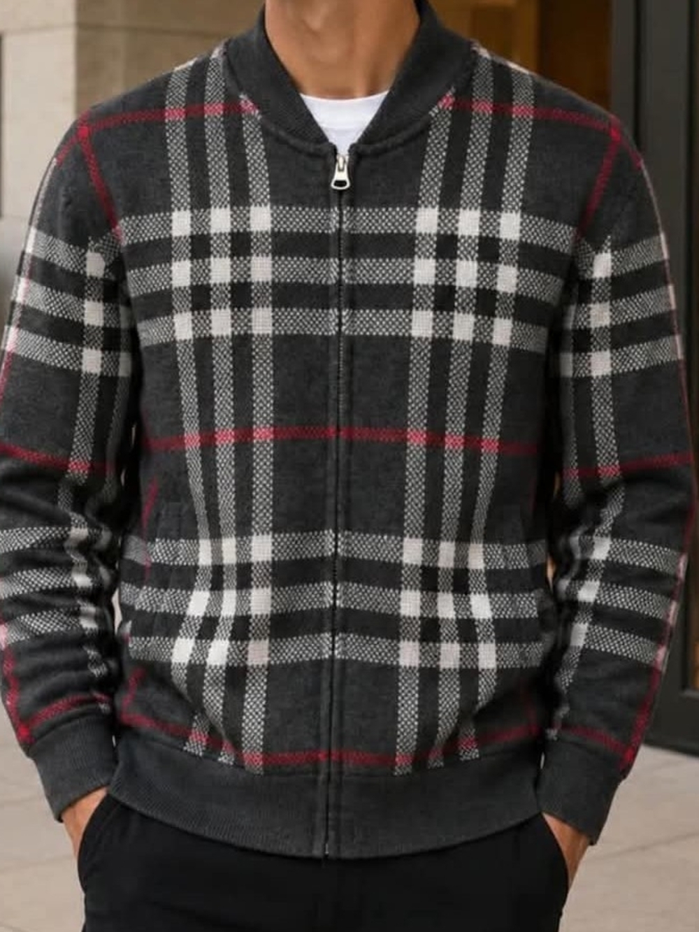 Burberry Charcoal Plaid Zip-Up Sweater with Red Accents